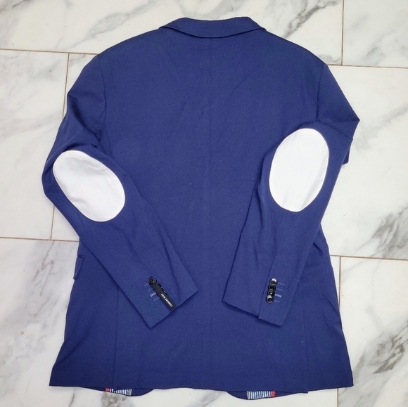 ZARA Man Navy Blue Slim Fit Blazer Jacket White Elbow Patch US Size 54 - Picture 4 of 16